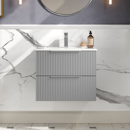 Hudson Reed Fluted 600mm Satin Grey Wall Hung 2-Drawer Vanity Unit Including Basin