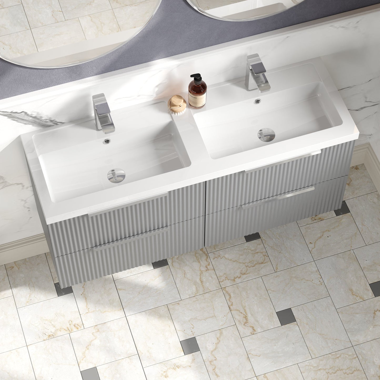 Hudson Reed Fluted 1205mm Satin Grey Wall Hung 4-Drawer Vanity Unit with Double Basin, Pre-Assembled