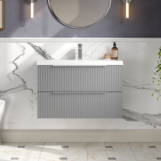 Hudson Reed Fluted 800mm Satin Grey Wall Hung 2-Drawer Vanity Unit Including Basin