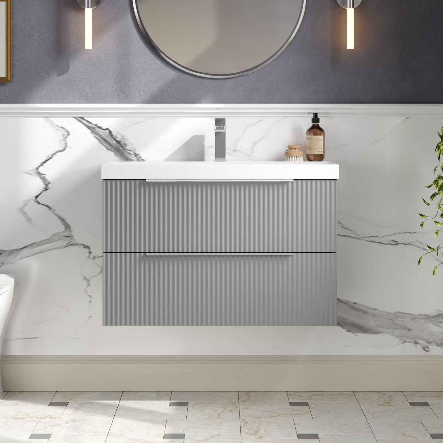Hudson Reed Fluted 800mm Satin Grey Wall Hung 2-Drawer Vanity Unit With Basin