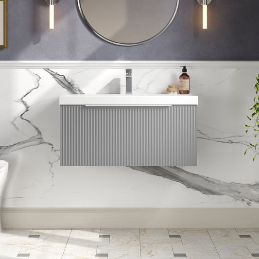 Hudson Reed Fluted 810mm Wall Hung Single Drawer Vanity Unit With Basin