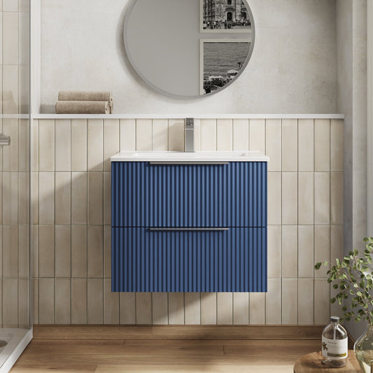 Hudson Reed Fluted 600mm Satin Blue Wall Hung 2-Drawer Vanity Unit Including Basin