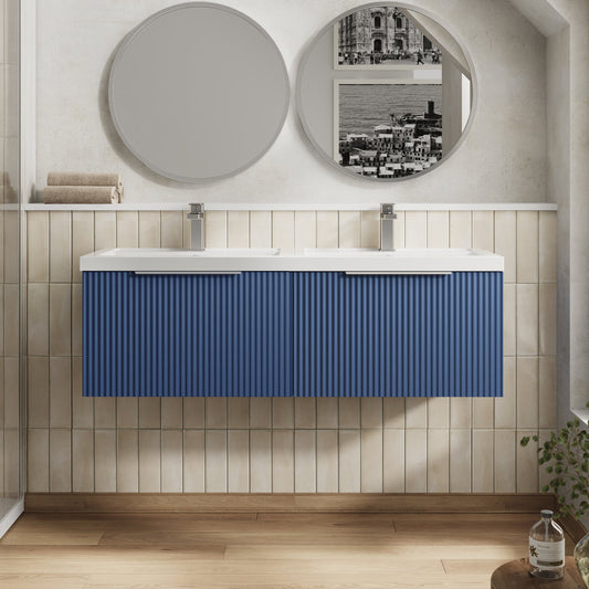 Hudson Reed Fluted 1200mm Satin Blue Wall Hung 2-Drawer Vanity Unit with Polymarble Double Basin