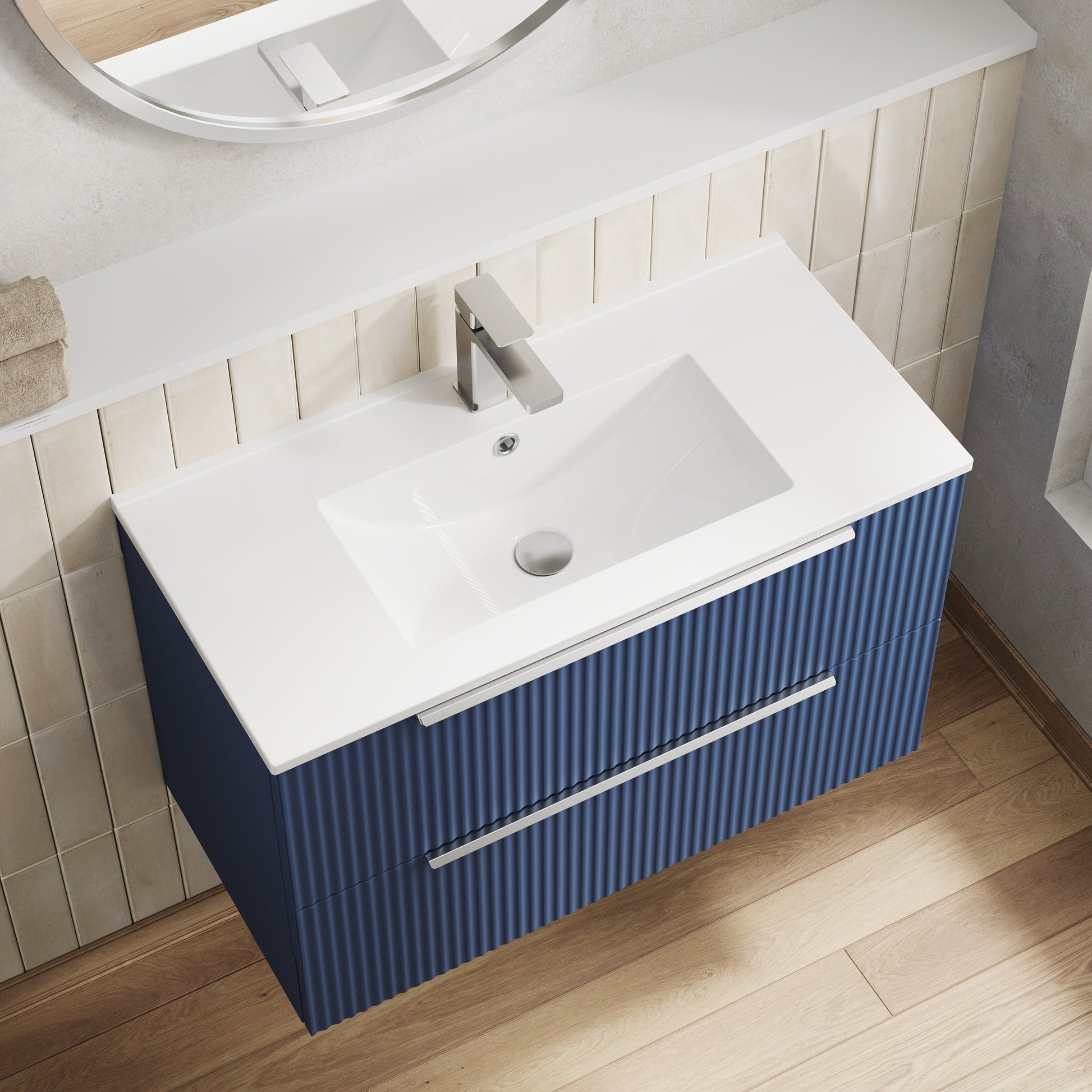 Hudson Reed Fluted 800mm Satin Blue Wall Hung 2-Drawer Vanity Unit With Basin