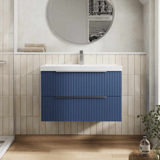 Hudson Reed Fluted 800mm Satin Blue Wall Hung 2-Drawer Vanity With Ceramic Basin