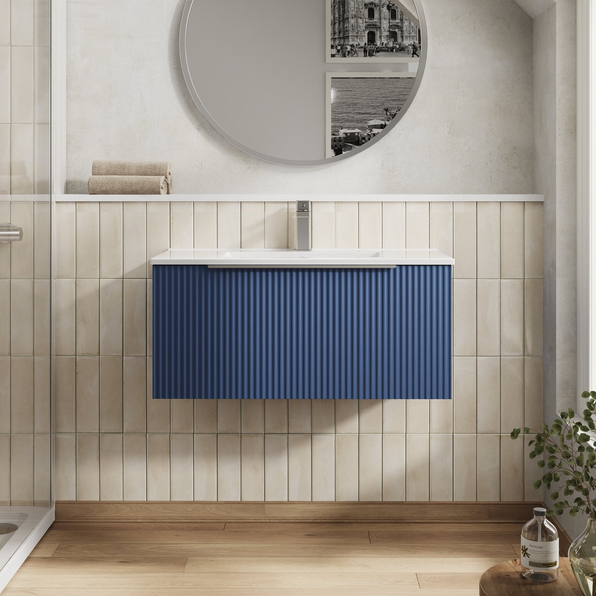 Hudson Reed Fluted 800mm Wall Hung Single Drawer Vanity Unit With Basin