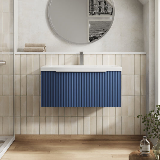Hudson Reed Fluted 800mm Satin Blue Wall Hung Single Drawer Vanity Unit with Basin