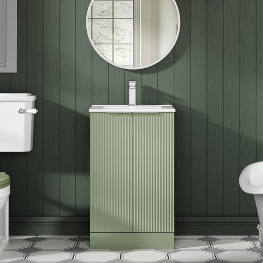 Hudson Reed Fluted 500mm Satin Green Floor Standing 2-Door Vanity Unit With Basin
