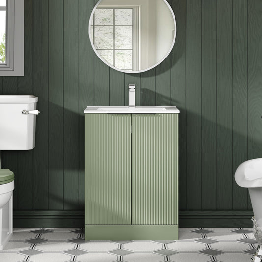 Hudson Reed Fluted 600mm Satin Green Floor Standing 2-Door Vanity Unit With Basin