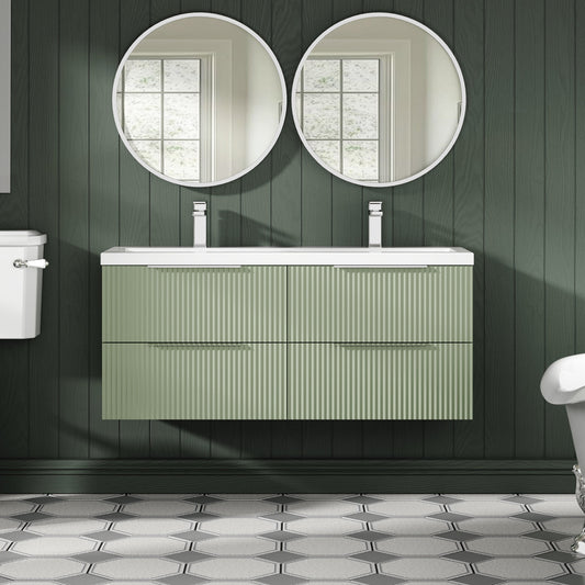 Hudson Reed Fluted 1200mm Satin Green Wall Hung 4-Drawer Vanity Unit with Double Basin