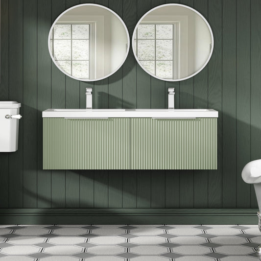 Hudson Reed Fluted 1205mm Satin Green Wall Hung 2-Drawer Vanity Unit With Double Polymarble Basin