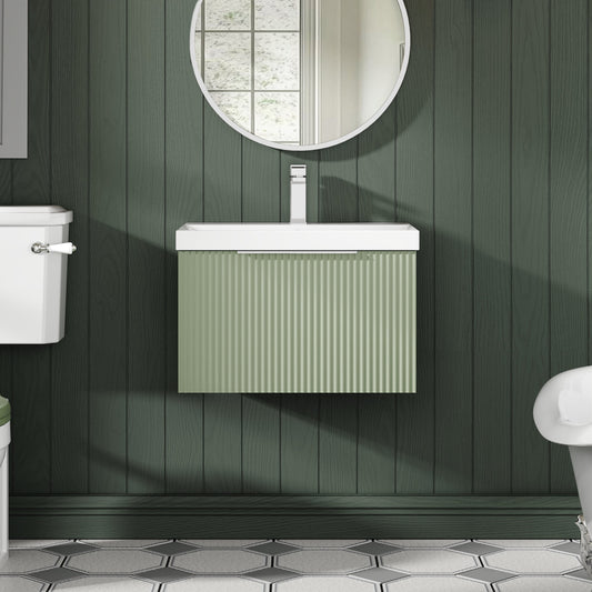 Hudson Reed Fluted 600mm Satin Green Wall Hung Single Drawer Vanity Unit With Basin