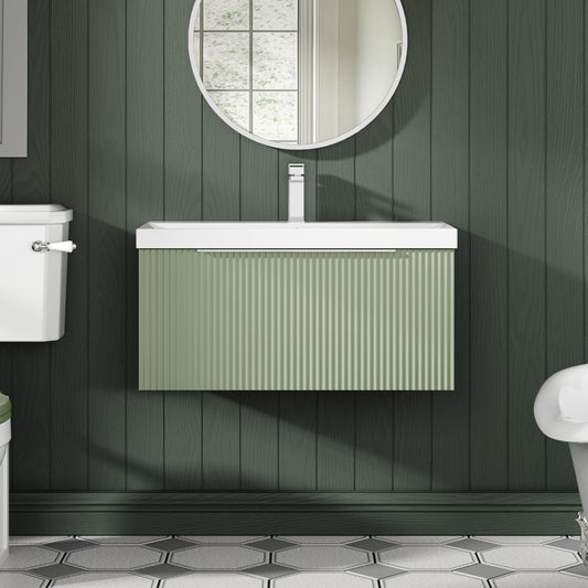 Hudson Reed Fluted 800mm Satin Green Wall Hung Single Drawer Vanity Unit With Thin-Edge Basin