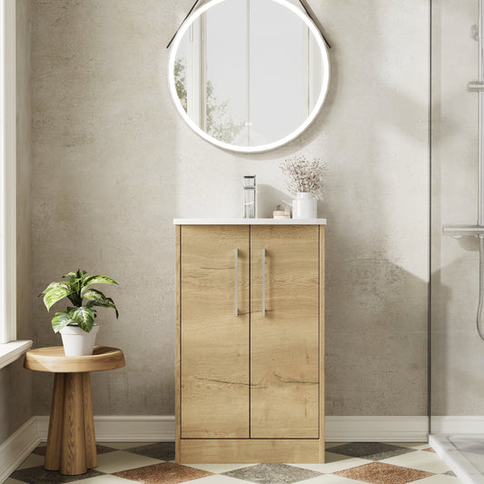 Hudson Reed Juno 500mm Autumn Oak Floor Standing 2-Door Vanity Unit With 1 Tap Hole Basin