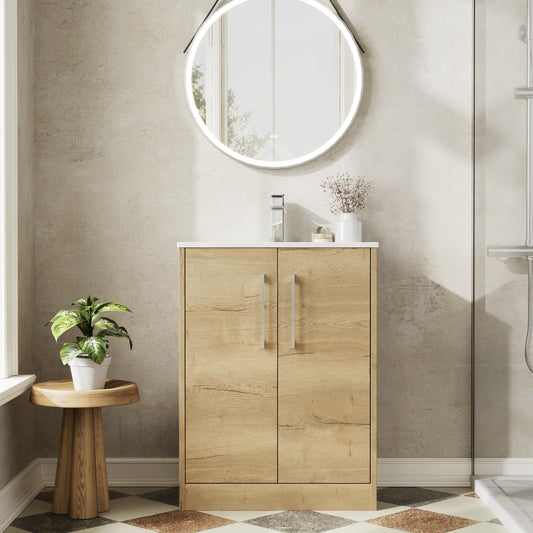 Hudson Reed Juno 600mm Autumn Oak Floor Standing 2-Door Vanity Unit With 1 Tap Hole Basin