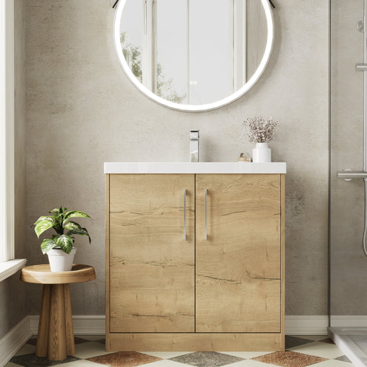 Hudson Reed Juno 800mm Autumn Oak Floor Standing 2-Door Vanity Unit with 1 Tap Hole Basin and Handles