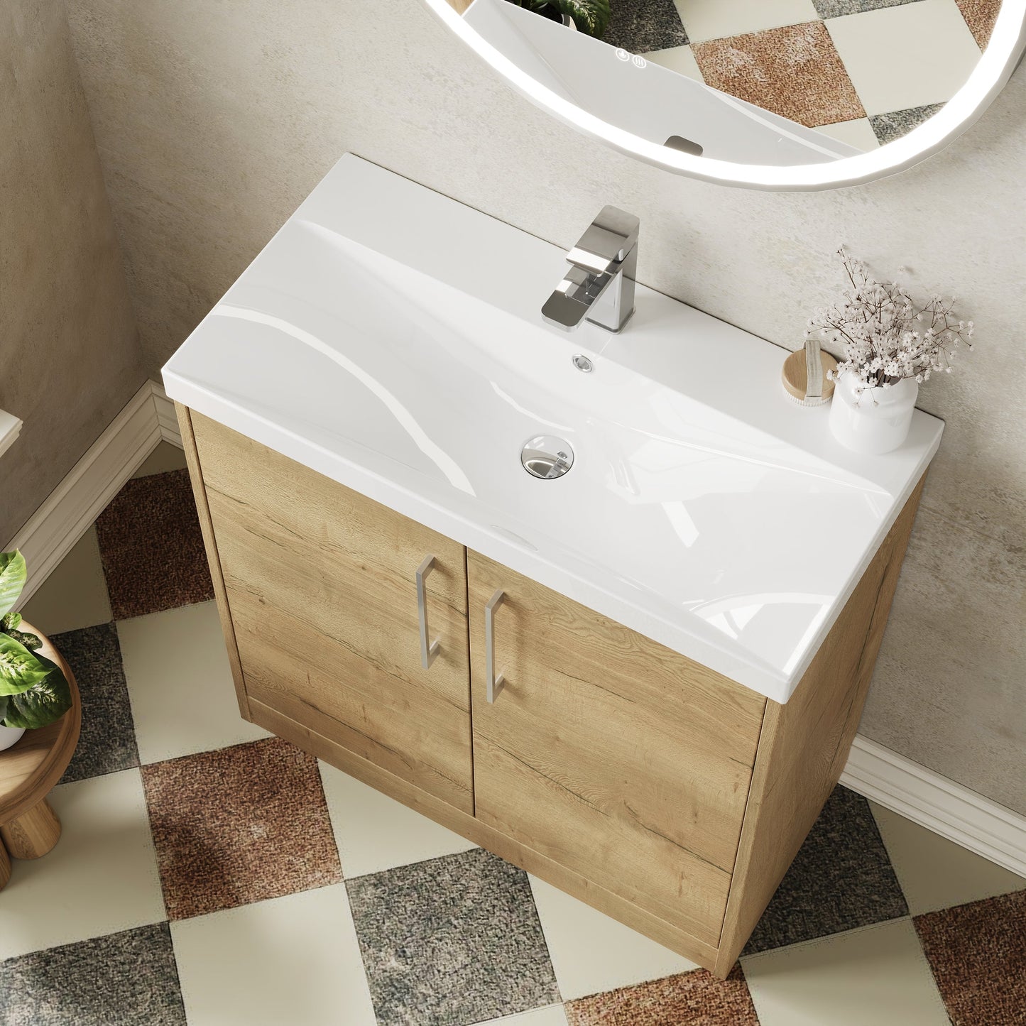 Hudson Reed Juno 800mm Autumn Oak Floor Standing 2-Door Vanity Unit with 1 Tap Hole Basin and Handles