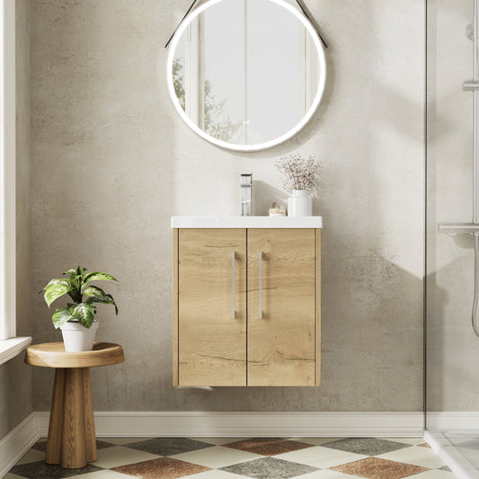 Hudson Reed Juno 500mm Autumn Oak Wall Hung 2-Door Vanity Unit with 1 Tap Hole Basin