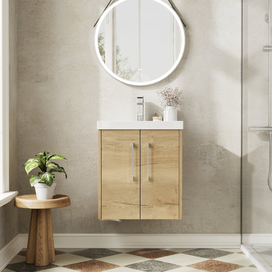 Hudson Reed Juno 500mm Autumn Oak Wall Hung 2-Door Vanity Unit With Thin-Edge 1 Tap Hole Basin