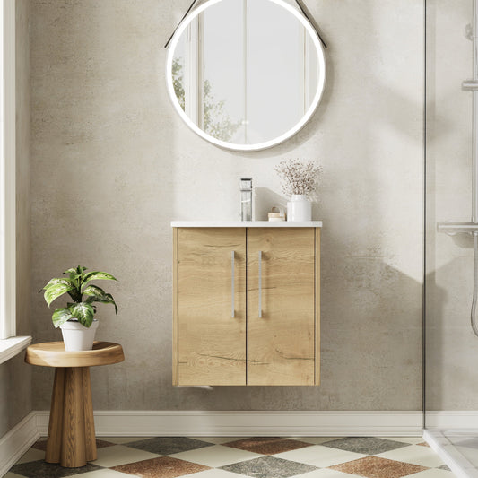 Hudson Reed Juno 500mm Autumn Oak Wall Hung 2-Door Vanity Unit with 1 Tap Hole Basin