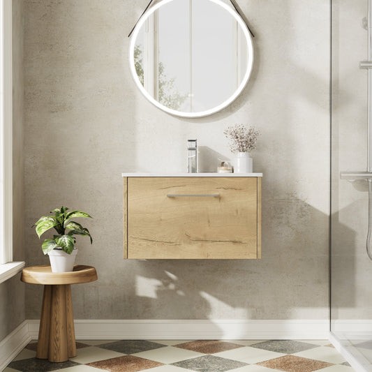 Hudson Reed Juno 600mm Autumn Oak Wall Hung Single Drawer Vanity Unit With 1 Tap Hole Basin
