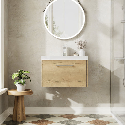 Hudson Reed Juno 600mm Autumn Oak Wall Hung Single Drawer Vanity Unit With Thin-Edge 1 Tap Hole Basin