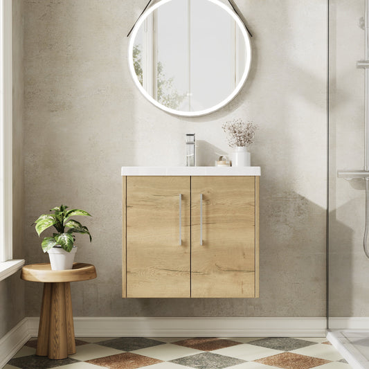 Hudson Reed Juno 600mm Autumn Oak Wall Hung 2-Door Vanity Unit with 1 Tap Hole Basin