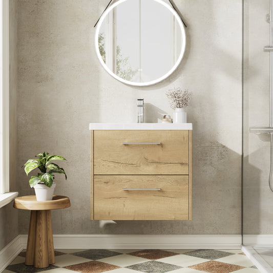 Hudson Reed Juno 600mm Autumn Oak Wall Hung 2-Drawer Vanity Unit With 1 Tap Hole Basin