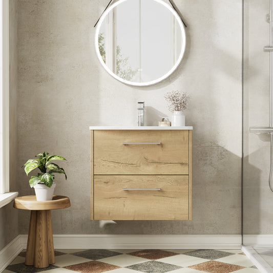 Hudson Reed Juno 600mm Autumn Oak Wall Hung 2-Drawer Vanity Unit with Curved 1 Tap Hole Basin