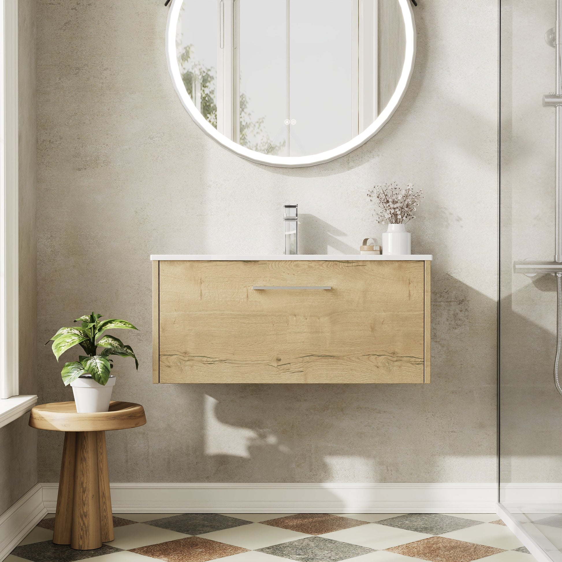 Hudson Reed Juno 800mm Autumn Oak Wall Hung Single Drawer Vanity Unit with Basin