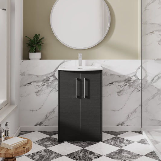 Hudson Reed Juno 510mm Graphite Grey Woodgrain Floor Standing 2-Door Vanity Unit with 1 Tap Hole Basin