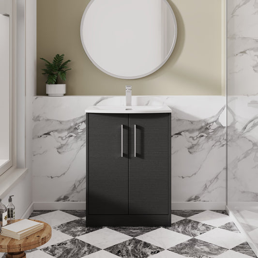Hudson Reed Juno 600mm Graphite Grey Woodgrain Floor Standing 2-Door Vanity Unit & Basin