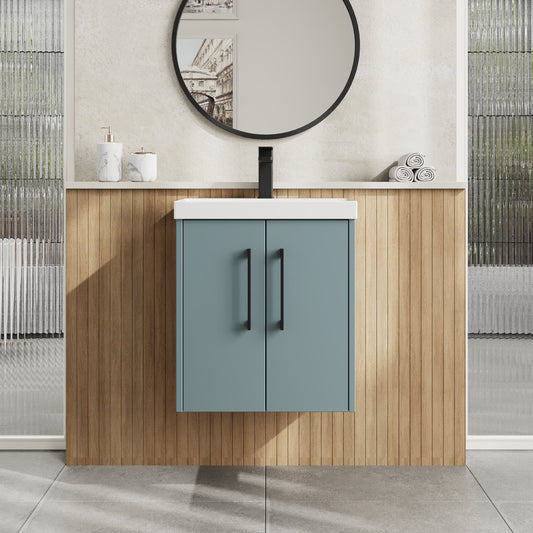 Hudson Reed Juno 500mm Coastal Grey Wall Hung 2-Door Vanity with Thin-Edge 1 Tap Hole Basin