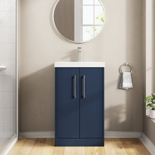 Hudson Reed Juno 500mm Midnight Blue Floor Standing 2-Door Vanity Unit Including Basin With Soft Close Doors
