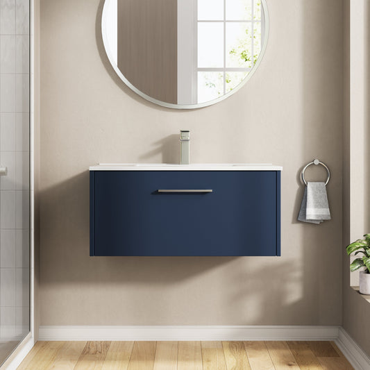 Hudson Reed Juno 800mm Midnight Blue Wall Hung Single Drawer Vanity Unit with Basin and Soft Close Drawer