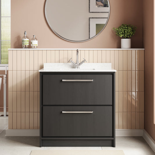 Hudson Reed Lille 800mm Graphite Grey Woodgrain Floor 2-Drawer Vanity With Marble Underslung Basin
