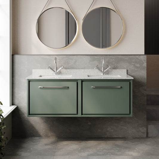 Hudson Reed Lille 1220mm Fern Green Wall Hung Double Basin Vanity Unit With Marble Worktop Basins