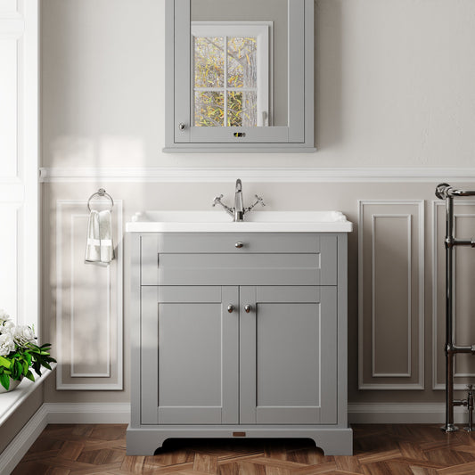 Hudson Reed Old London 800mm Storm Grey Floor Standing 2 Door Vanity Unit with 1 Tap Hole Ceramic Basin