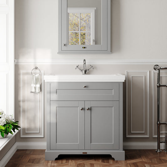 Hudson Reed Old London 830mm Storm Grey Floor Standing 2 Door Vanity Unit with 1 Tap Hole Fireclay Basin