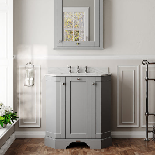 Hudson Reed Old London 786mm Storm Grey Floor Standing 3 Door Vanity Unit With Grey Marble Top Basin