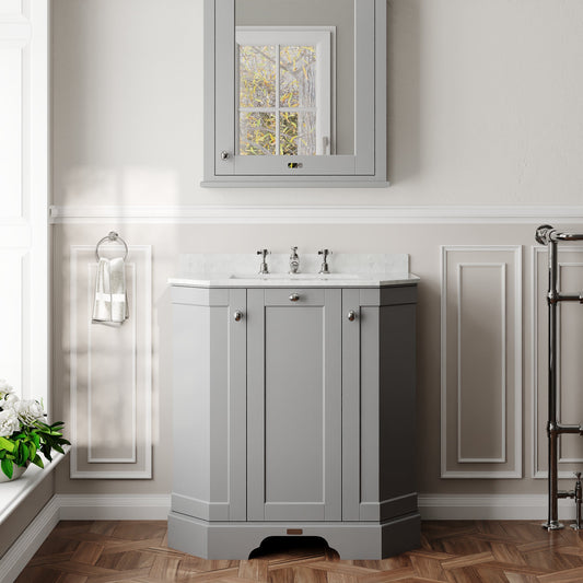 Hudson Reed Old London 750mm Storm Grey Floor Standing 3 Door Vanity Unit with 3 Tap Hole White Marble Top Basin