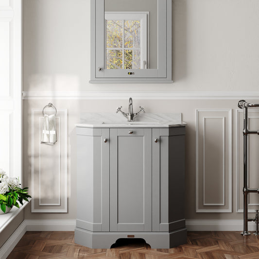 Hudson Reed Old London 750mm Storm Grey 3 Door Floor Standing Vanity Unit With Marble Top & Soft Close Doors