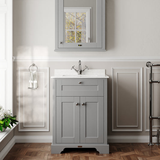 Hudson Reed Old London 600mm Storm Grey Floor Standing 2 Door Vanity Basin Unit With Square Basin, 1 Tap Hole & Marble Top