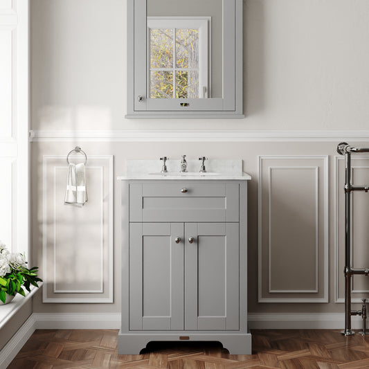 Hudson Reed Old London Storm Grey Floor Standing 2 Door Vanity Unit With 3 Tap Hole White Marble Top Basin