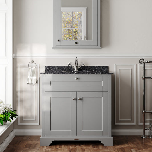 Hudson Reed Old London 820mm Storm Grey Floor Standing 2 Door Vanity Unit with 1 Tap Hole Black Marble Top Basin