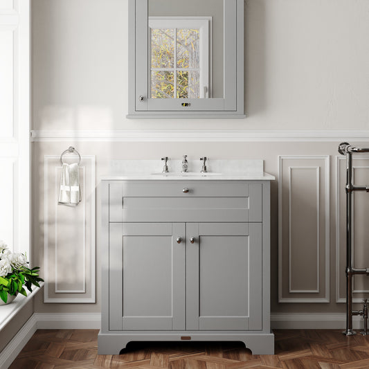 Hudson Reed Old London 800mm Storm Grey Floor Standing 2 Door Vanity Unit with 3 Tap Hole White Marble Top Basin