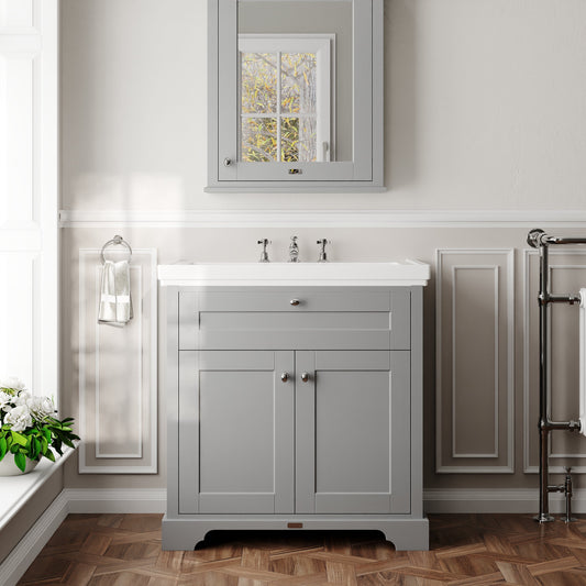 Hudson Reed Old London 830mm Storm Grey Floor Standing 2 Door Vanity Unit & Basin With 3 Tap Hole