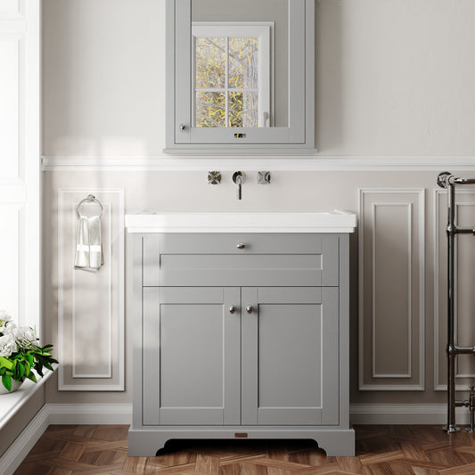 Hudson Reed Old London 800mm Storm Grey Floor Standing 2 Door Vanity Unit With 0 Tap Hole Fireclay Basin