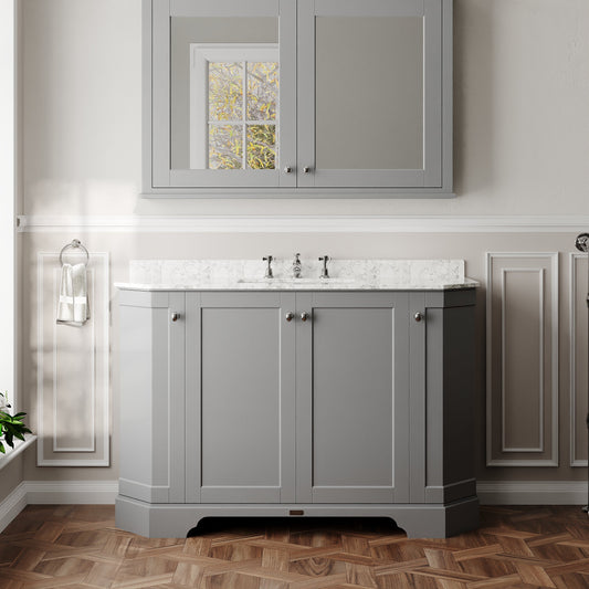 Hudson Reed Old London 1200mm Storm Grey Floor Standing 4 Door Vanity Unit with 3 Tap Hole White Marble Top Basin