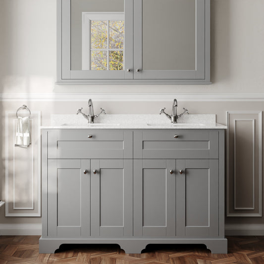 Hudson Reed Old London 1250mm Floor Standing 4 Door Double Basin Vanity Unit With Double Marble Top Basin